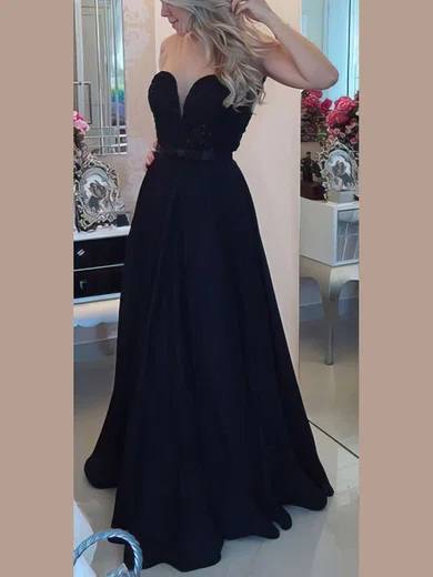 A-line Scoop Neck Silk-like Satin Floor-length Beading Prom Dresses #UKM020102329