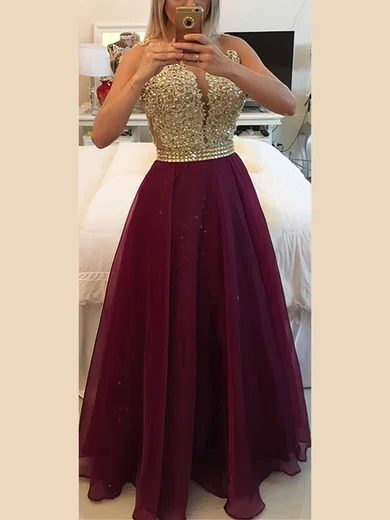 A-line Scoop Neck Chiffon Floor-length Beading Prom Dresses #UKM020102385