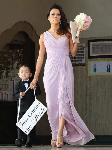 Sheath/Column One Shoulder Chiffon Floor-length Split Front Bridesmaid Dresses #UKM01012769