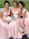Good Chiffon Floor-length Appliques Lace V-neck Pink Bridesmaid Dress #UKM01012776