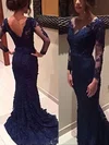 Trumpet/Mermaid Sweep Train V-neck Lace Long Sleeves Appliques Lace Prom Dresses #UKM02019085