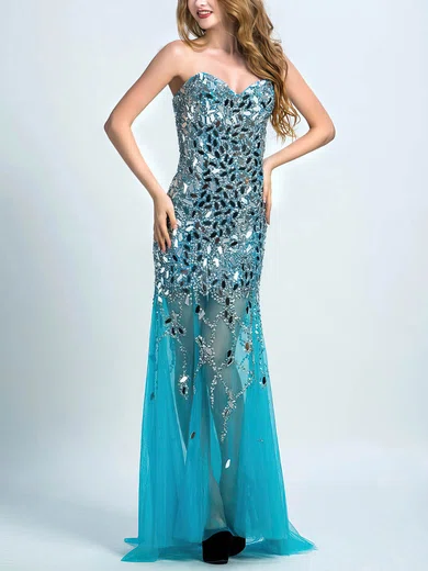Sheath/Column Tulle Sweep Train Crystal Detailing Lace-up Sparkly Prom Dress #UKM020102278