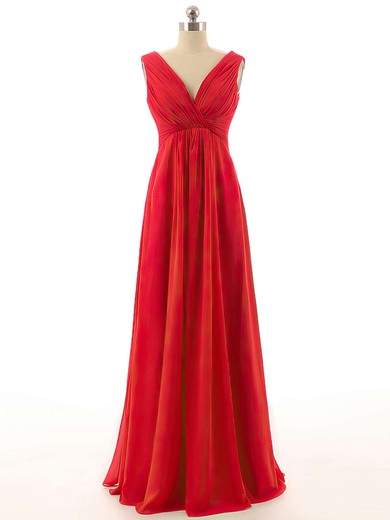 Red Empire V-neck Chiffon with Ruffles Promotion Long Bridesmaid Dresses #UKM01012800