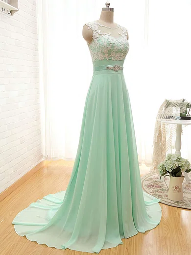 Scoop Neck Chiffon Appliques Lace Court Train Sage Fashion Bridesmaid Dresses #UKM01012804