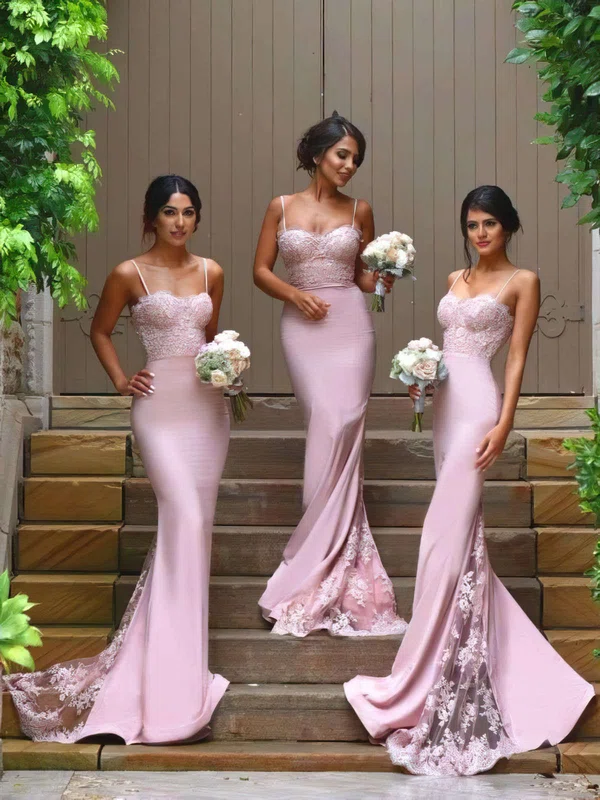 Trumpet/Mermaid Sweetheart Silk-like Satin Sweep Train Appliques Lace Bridesmaid Dresses #UKM01012822