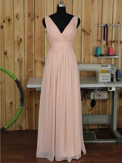 V-neck Ruched Chiffon Floor-length Pink Backless Bridesmaid Dress #UKM01012891