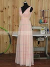 V-neck Ruched Chiffon Floor-length Pink Backless Bridesmaid Dress #UKM01012891