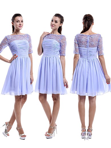 Scoop Neck Chiffon Tulle Knee-length Appliques Lace Sparkly 1/2 Sleeve Bridesmaid Dress #UKM01012898