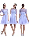 Scoop Neck Chiffon Tulle Knee-length Appliques Lace Sparkly 1/2 Sleeve Bridesmaid Dress #UKM01012898