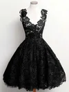 A-line V-neck Lace Knee-length Appliques Lace Short Prom Dresses #UKM020102389