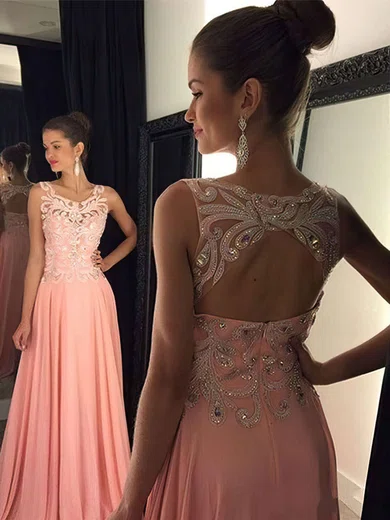 A-line Illusion Chiffon Cut Out Prom Dresses With Appliques #UKM020102395
