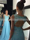 A-line Scoop Neck Chiffon Sweep Train Appliques Lace Prom Dresses #UKM020102395