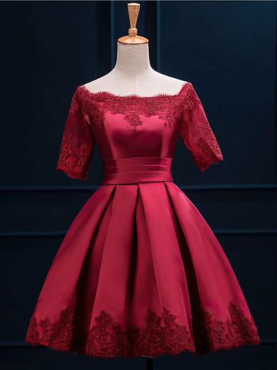 A-line Scalloped Neck Satin Short/Mini Appliques Lace Short Prom Dresses #UKM020102397