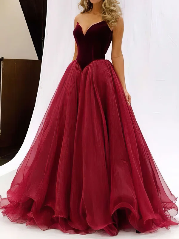 Ball Gown/Princess Sweep Train V-neck Organza Velvet Prom Dresses #UKM020102419