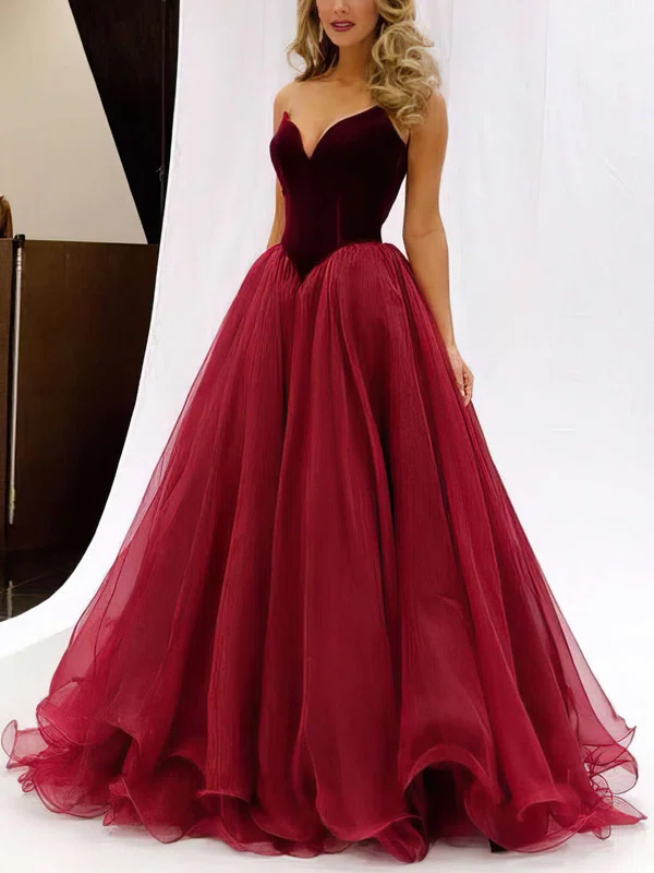 Ball Gown/Princess Sweep Train V-neck Organza Velvet Prom Dresses #UKM020102419