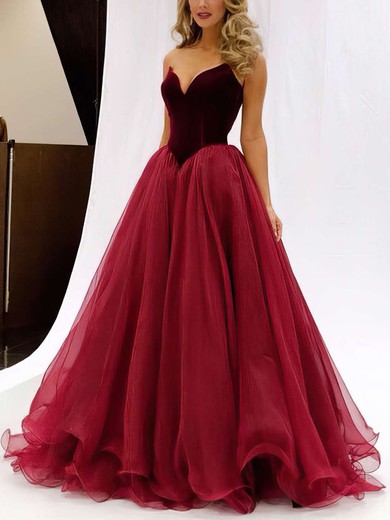 Ball Gown V-neck Organza Velvet Floor-length Prom Dresses #UKM020102419