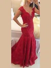 Trumpet/Mermaid V-neck Tulle Sweep Train Appliques Lace Prom Dresses #UKM020102425