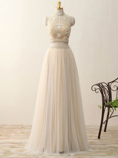 A-line High Neck Floor-length Tulle Beading Prom Dresses #UKM020102428