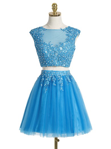 Pretty A-line Scoop Neck Tulle Short/Mini Appliques Lace Two Piece Short Prom Dresses #UKM020102431