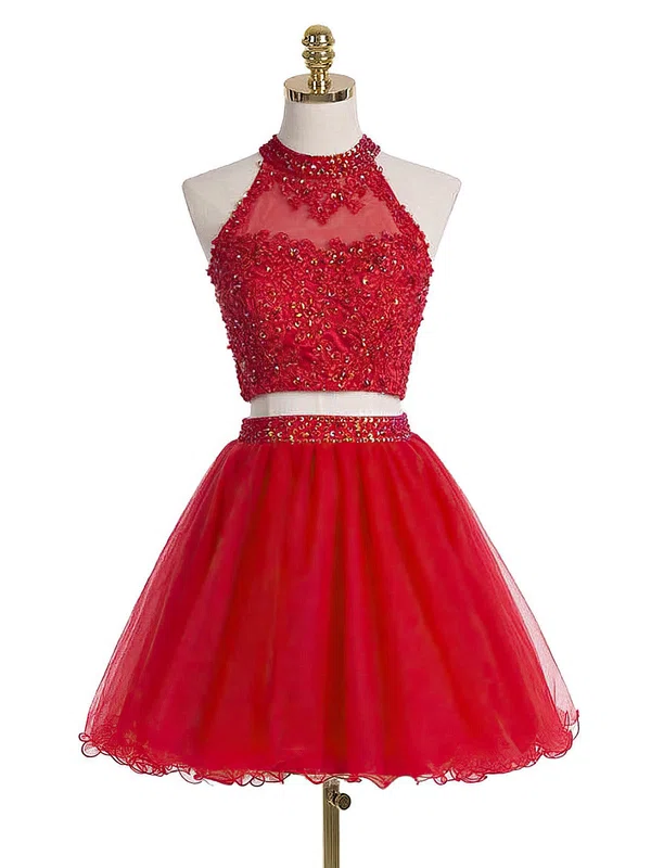 A-line High Neck Tulle Short/Mini Sequins Short Prom Dresses #UKM020102432