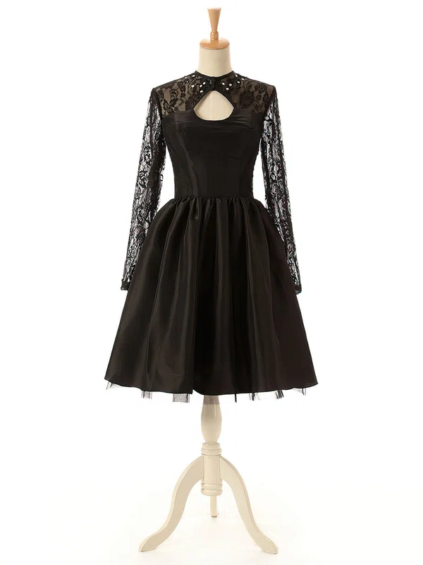 Black A-line Scoop Neck Lace Tulle Silk-like Satin Knee-length Long Sleeve Prom Dresses #UKM020102516