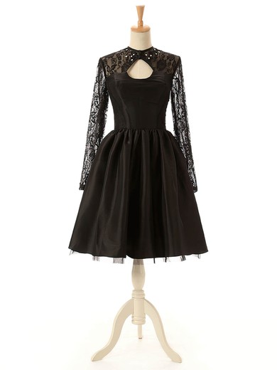 Elegant A-line Scoop Neck Lace Tulle Silk-like Satin Knee-length Long Sleeve Black Short Prom Dresses #UKM020102516