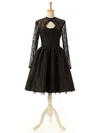 Elegant A-line Scoop Neck Lace Tulle Silk-like Satin Knee-length Long Sleeve Black Short Prom Dresses #UKM020102516
