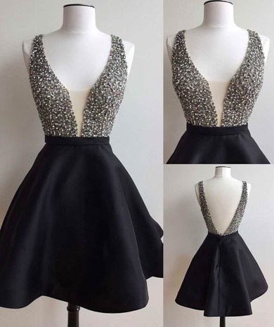Backless A-line V-neck Satin Tulle Short/Mini Crystal Detailing Black Prom Dresses #UKM020102517