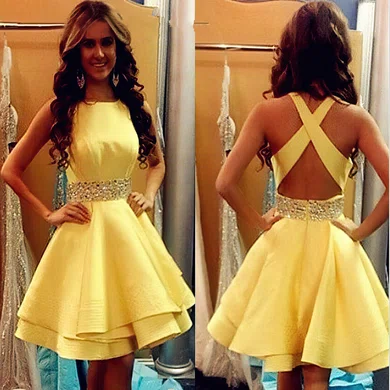 A line Scoop Neck Silk like Satin Short Mini Tiered New Backless Short Prom Dresses MillyBridal