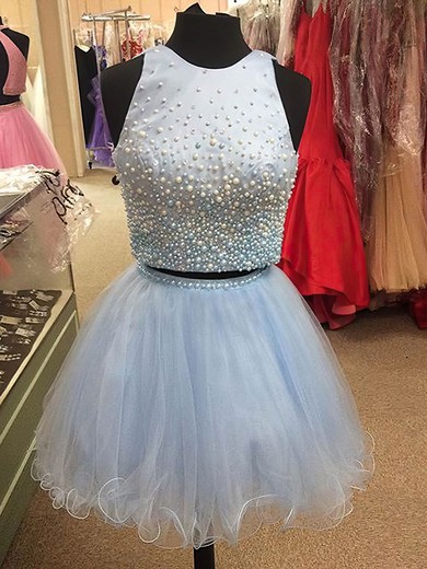 Sweet Princess Scoop Neck Satin Tulle Short/Mini Pearl Detailing Two Piece Prom Dress #UKM020102539