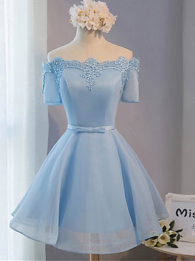 A-line Off-the-shoulder Satin Organza Short/Mini Sashes / Ribbons Short Prom Dresses #UKM020102547