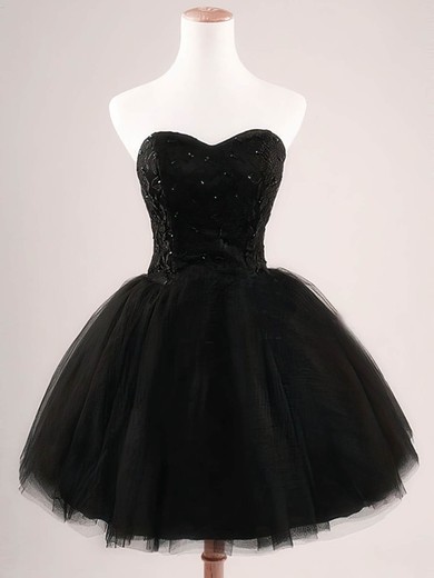 Ball Gown Sweetheart Tulle Short/Mini Sequins Simple Black Short Prom Dresses #UKM020102554