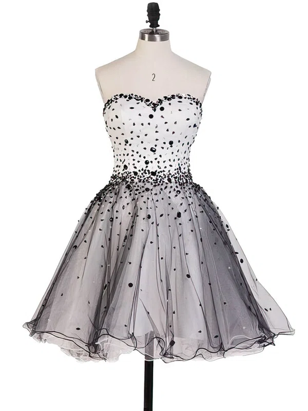 A-line Sweetheart Tulle Short/Mini Beading Short Prom Dresses #UKM020102560