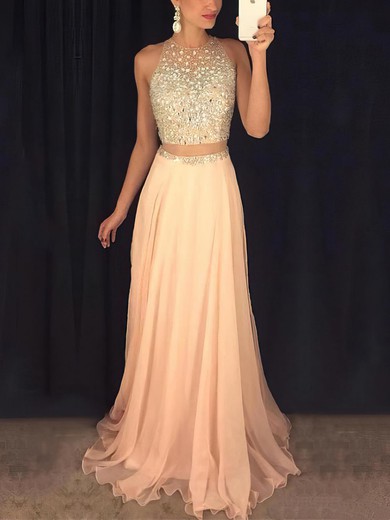 A-line Sweep Train Scoop Neck Chiffon Tulle Beading Prom Dresses #UKM020102442