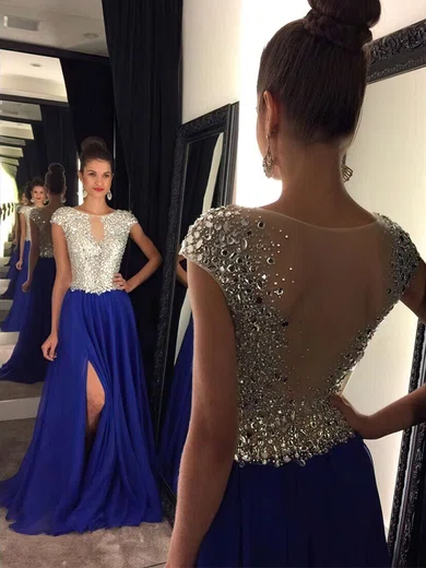 A-line Scoop Neck Chiffon Sweep Train Split Front Prom Dresses #UKM020102447