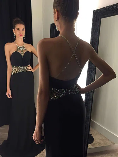 Black Sheath/Column Halter Chiffon Prom Dresses With Beading #UKM020102451