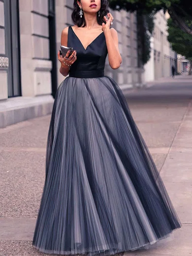 Princess V-neck Satin Tulle Floor-length Pleats Prom Dresses #UKM020102454