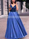 Princess V-neck Satin Tulle Floor-length Pleats Prom Dresses #UKM020102454