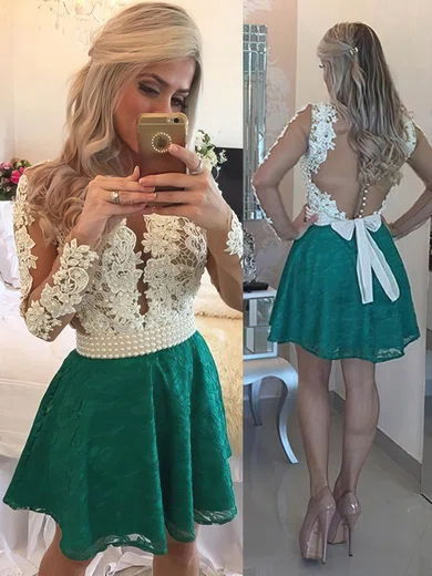 A-line Scoop Neck Lace Tulle Short/Mini Appliques Lace Long Sleeve Short Prom Dresses #UKM020102457