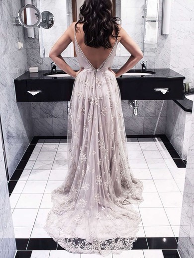 A-line V-neck Lace Court Train Lace Prom Dresses #UKM020102459