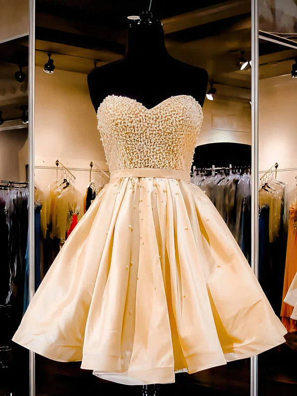 A-line Sweetheart Satin Short/Mini Pearl Detailing Popular Short Prom Dresses #UKM020102464