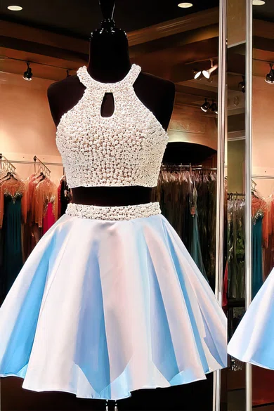 A-line Scoop Neck Satin Two Piece Prom Dresses With Beading #UKM020102471