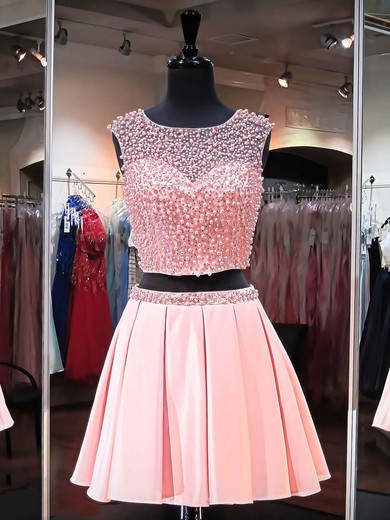 Pretty A-line Scoop Neck Satin Tulle Short/Mini Crystal Detailing Two Piece Short Prom Dresses #UKM020102480