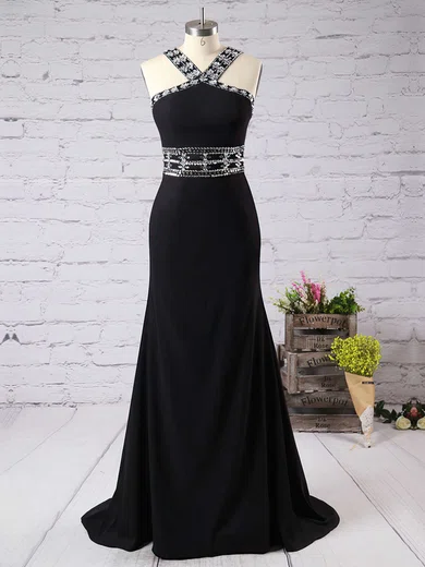 Black Mermaid Halter Chiffon Cut Out Prom Dresses With Beading #UKM020102488