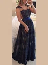 A-line Scoop Neck Tulle Floor-length Appliques Lace Prom Dresses #UKM020102498