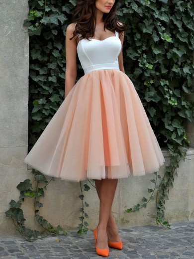 Classic A-line Sweetheart Tulle Tea-length Ruffles Short Prom Dresses #UKM020102578