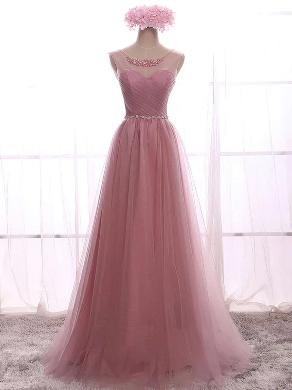 A-line Scoop Neck Tulle Floor-length Beading Prom Dresses #UKM020102586