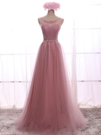 A-line Scoop Neck Tulle Floor-length Beading Prom Dresses #UKM020102586