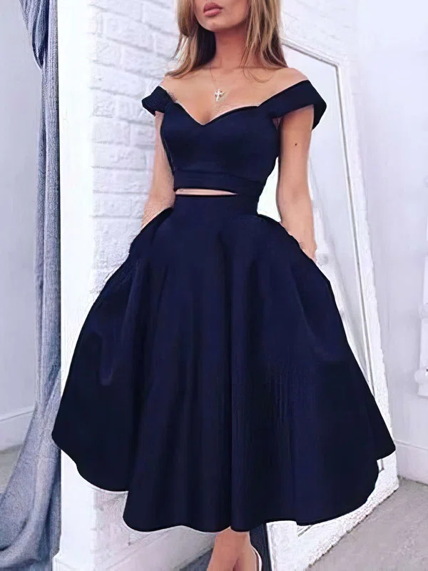 A-line Off-the-shoulder Satin Tea-length Pockets Short Prom Dresses #UKM020102596