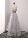 A-line Scoop Neck Tulle Floor-length Sashes / Ribbons Prom Dresses #UKM020102605